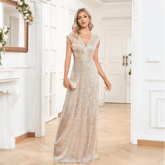 V-Neck Maxi Formal Dress with Cap Sleeve & Sequin Embroidery A-Line Bodycon Evening Gown for Cocktail, Party & Prom
