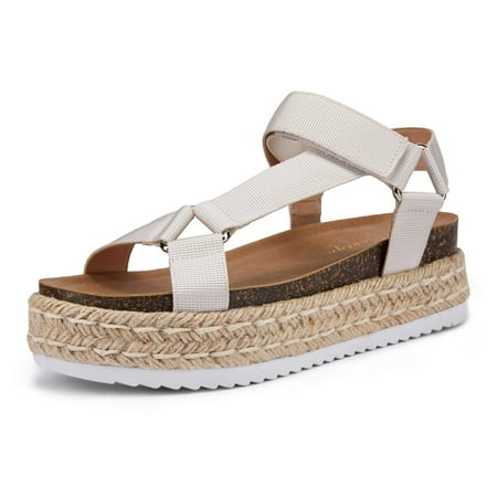 

Saodimallsu Women Platform Wedge Sandals Open Toe T-Strap Buckle Canvas Cork Summer Sandals