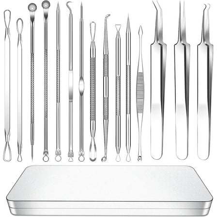 WVARK Pimple Popper Tool, 15 PCS Blackhead Remover Tools Kit, Acne Extractor Tool, Professional Stainless Pimple Acne Blemish Removal Tools Set with Metal Case (Silver)