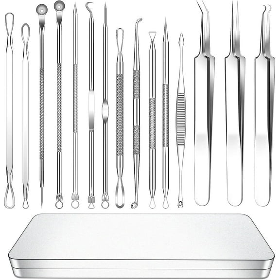 WVARK Pimple Popper Tool, 15 PCS Blackhead Remover Tools Kit, Acne Extractor Tool, Professional Stainless Pimple Acne Blemish Removal Tools Set with Metal Case (Silver)