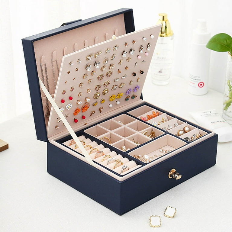 Jewelry Box for Women Girls, 2 Layers Jewelry Organizer Container with  Lock, PU Leather Storage Case with Removable Tray, Jewelry Display Holder  for Necklaces Earrings Bracelets Rings Watches - White 