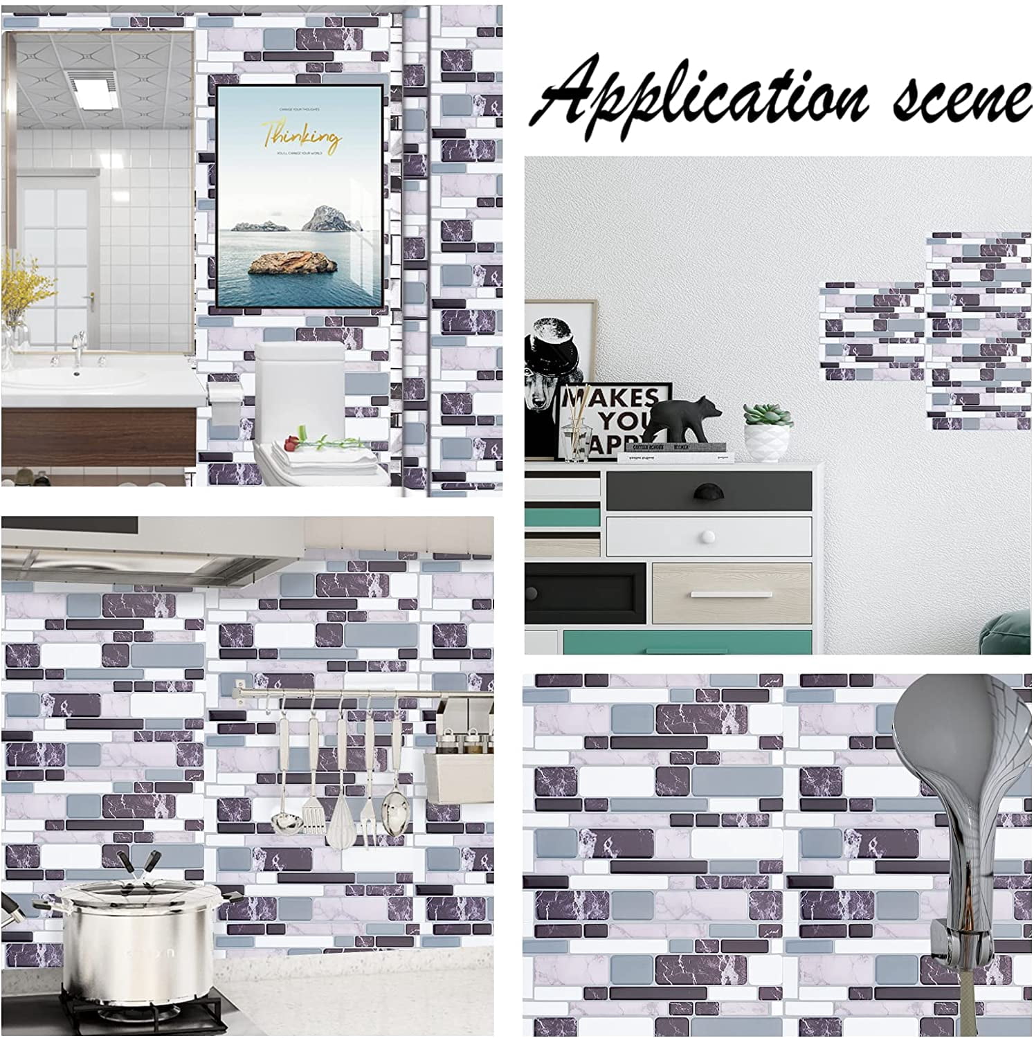4 Sheets 3D Thick 10.6x10" Square Wallpaper Brick Pattern PVC Wall Panels Mosaic Stick On Kitchen Backsplash