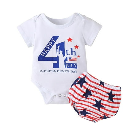

B91xZ 4th of July Outfits Boys Girls Short Sleeve Independence Day 4 Of July Letter Printed Romper Bodysuits Shorts Sizes 0-3 Months