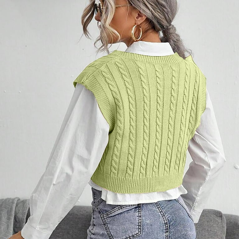 Cable Knitted Sweater Vest for Women Sleeveless V Neck Solid Color