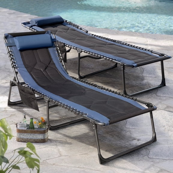 Vineego 1-Piece Patio Metal Lounge Chairs Folding Adjustable Chaise Chair with Side Bag, Blue