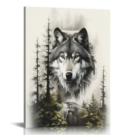 JRXY Wild Wolf Wall Art Black And White Abstract Animal Forest Trees Waterfall Poster Canvas Print Modern Painting Artwork Picture for Living Room Decor 12x16 in