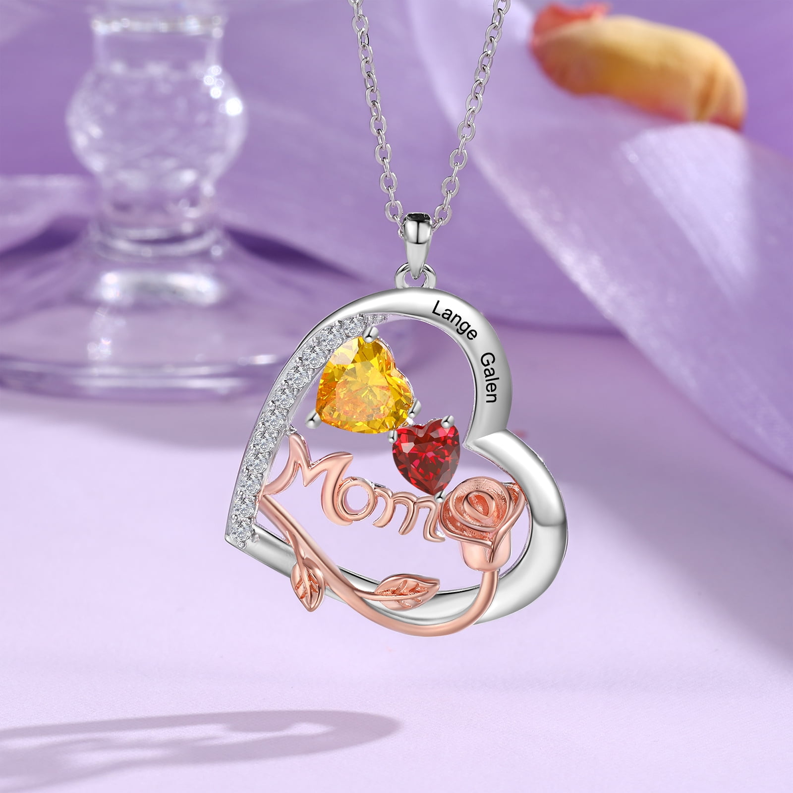 Mementos Customized Brass Heart Family Women's (Mother's) Necklace with 2 Birthstones and Names