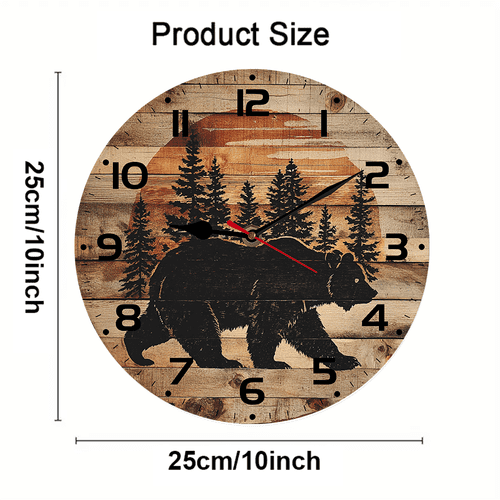 Kurmntregon Cabin Bear Wall Clock Black Bear Wildlife Forest Mountain Lodge Wooden Non Ticking Silent Quartz Bedroom Living Room Office Gym Kitchen Bathroom Patio Decor Decorative Clocks Round 10"