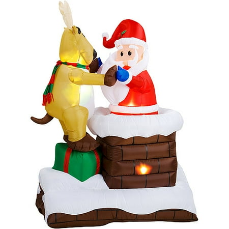 Animated Airblown Inflatable-Deer Pulling Santa from Chimney