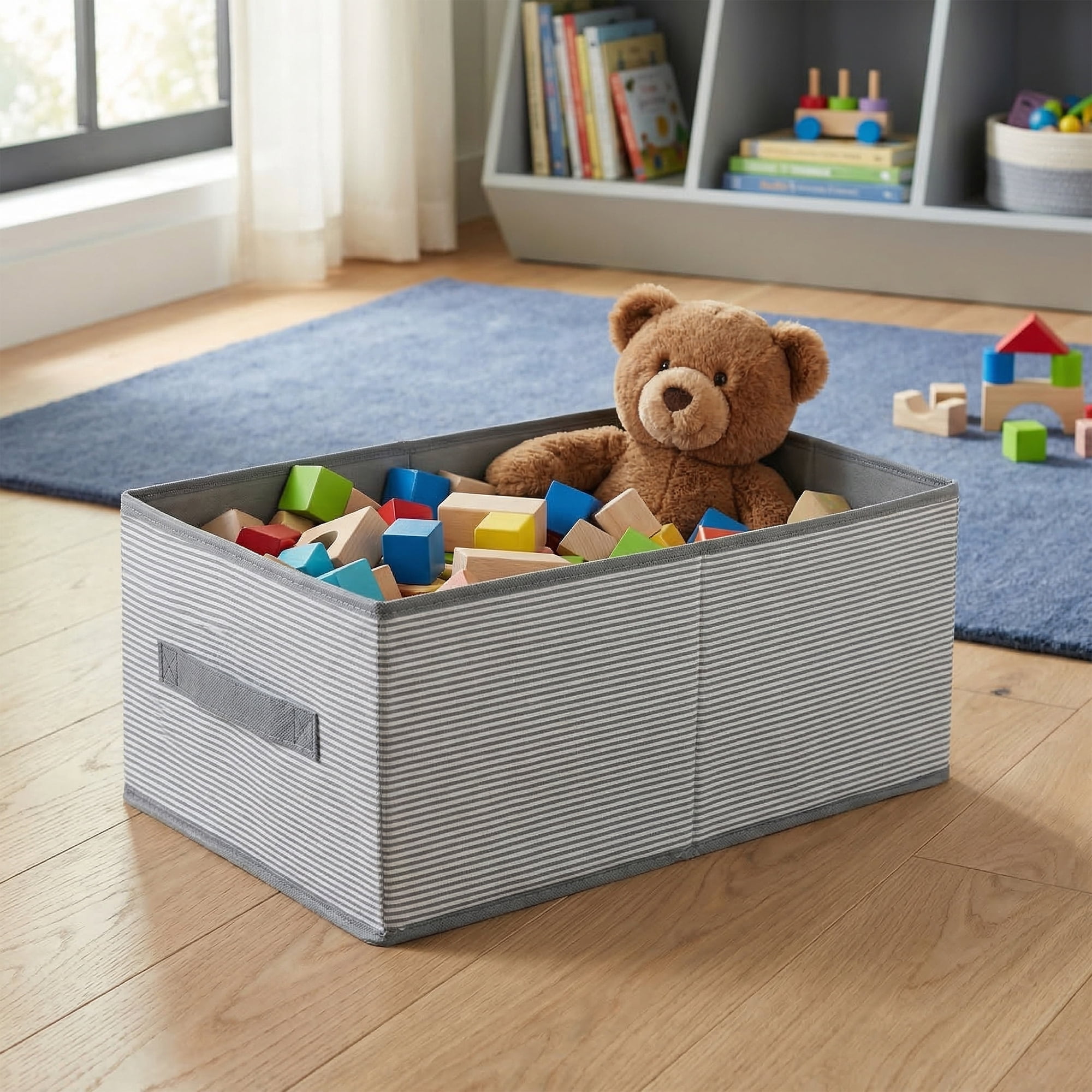 Unique Bargains 3pcs Fabric Storage Bin with Stripe Grey 18.5*11*7.9in