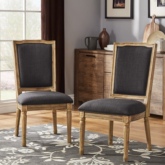 Weston Home Amadell Ornate Linen and Wood Dining Chairs, Set of 2, Dark Grey Linen, Natural Finish
