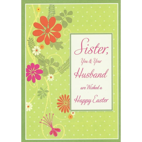 Designer Greetings Colorful Flowers on Yellow Curving Stem Over Polka Dots on Light Green Easter Card for Sister and Husband