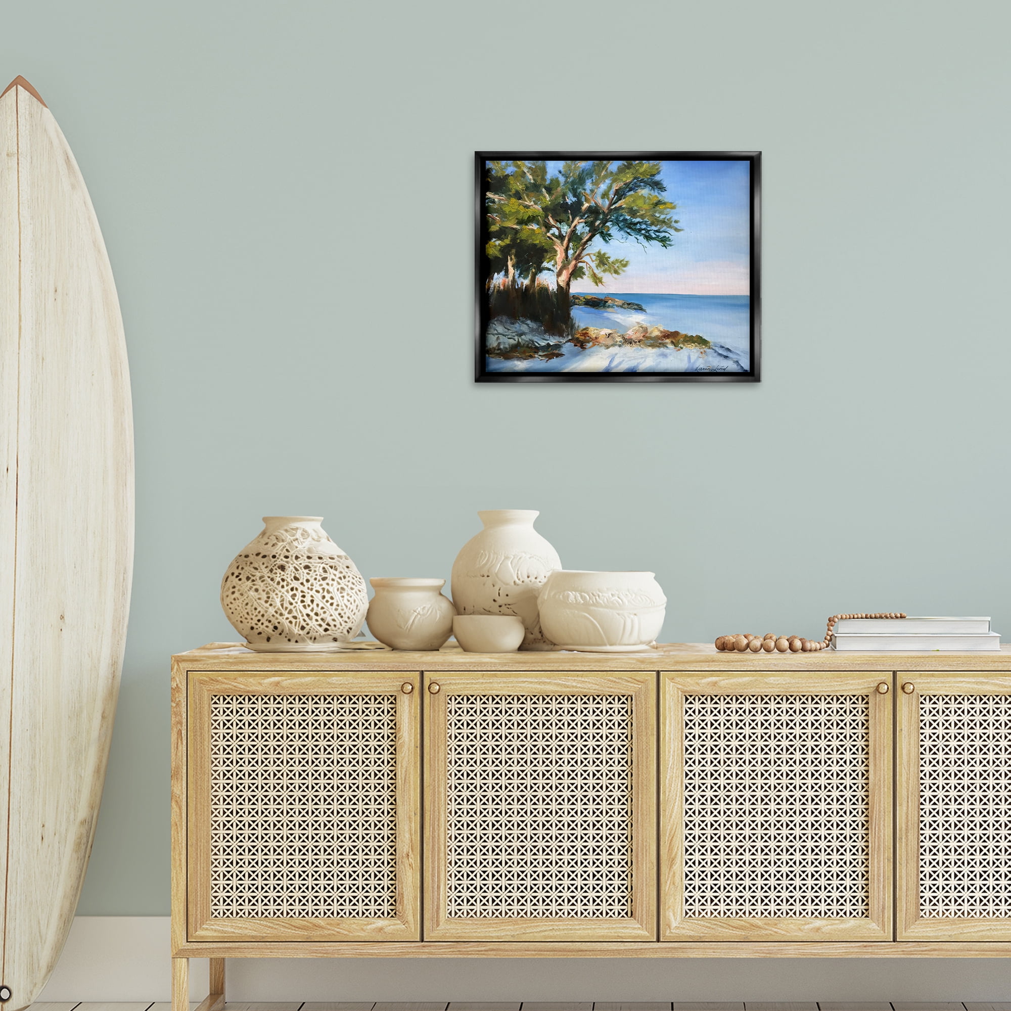 Stupell Industries White Sand Beach Landscape Painting Black Floater Framed Canvas Art Print Wall Art, 21 x 17
