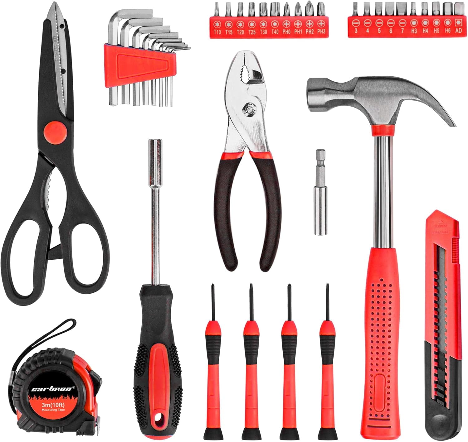 39-Piece Home Tool Set Kit, Essential Household Hand Tools with Plastic Storage Case, Red
