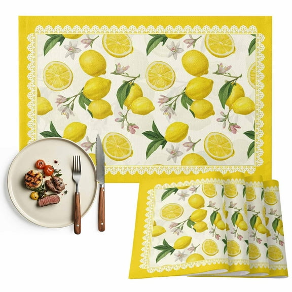 Placemats Set of 4, Floral Lemon Place Mats Yellow Summer Fruit Tablemats Washable Placemat Table Decoration for Kitchen Table Dinner Party Home Decor Indoor Outdoor 13x19 Inch