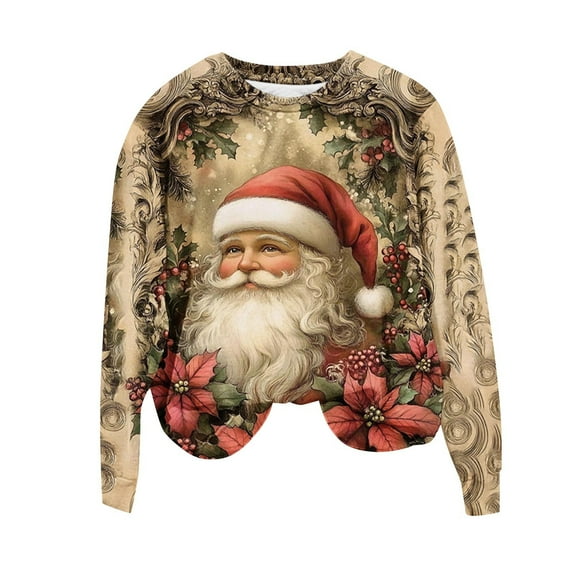 asdoklhq Plus Size Sweaters for Women's Christmas Round Neck Print Loose Sweatshirt Long Sleeve Top Khaki S
