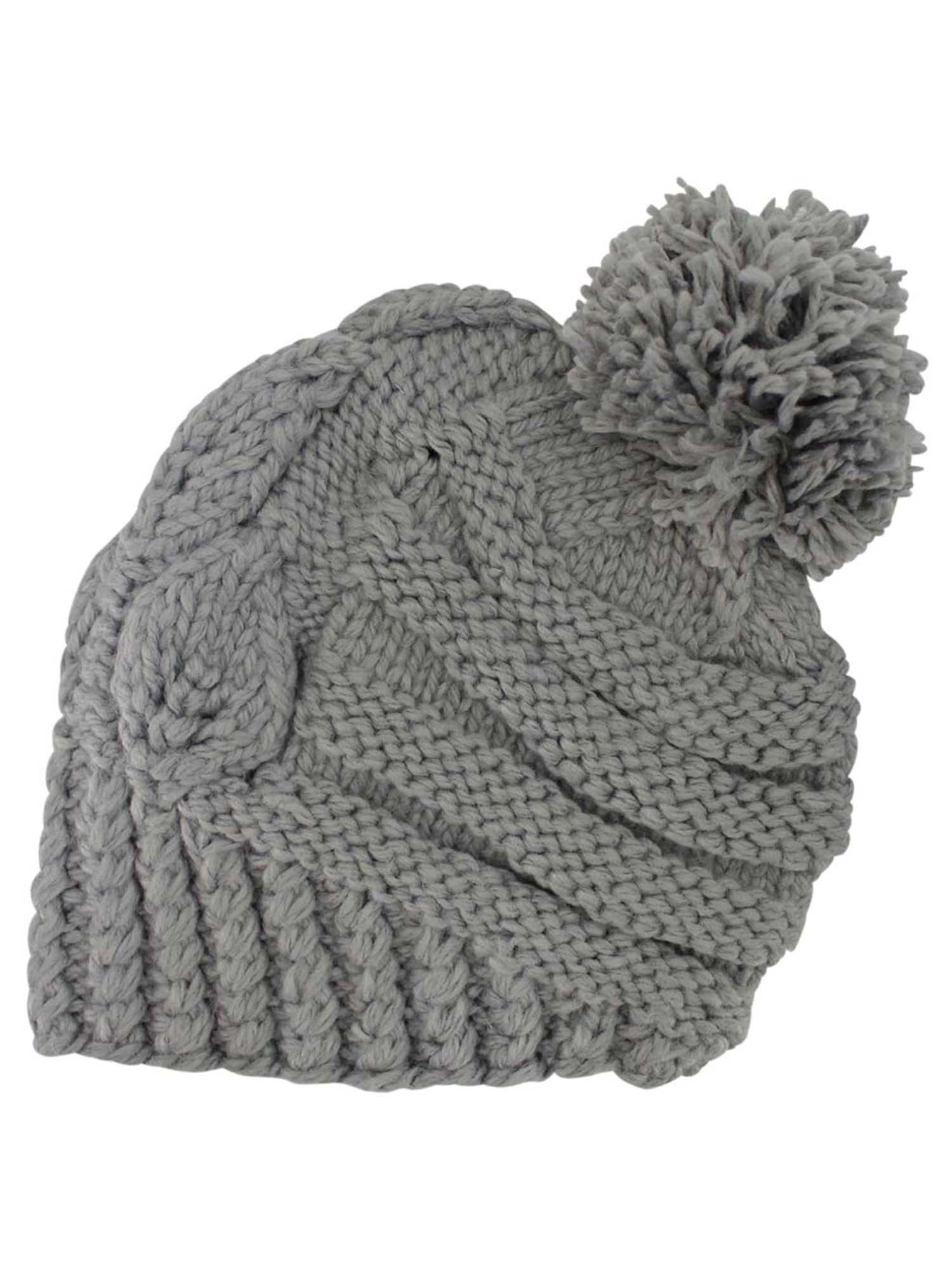 Grey Slouchy Winter Cable Knit Beanie Hat With Pom Pom