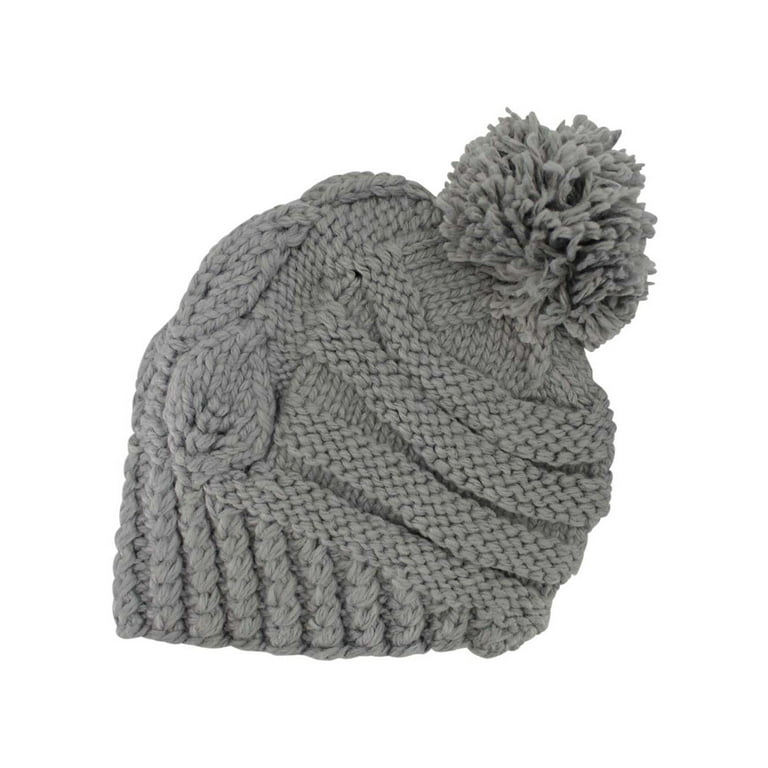 Grey Slouchy Winter Cable Pom Hat Beanie With Pom Knit