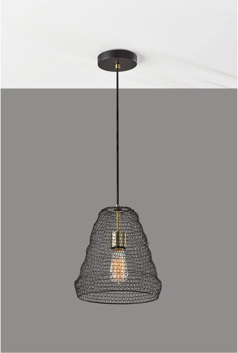 Adesso Sheridan Pendant, Black with Antique Brass Accents, Metal Wire Mesh Shade