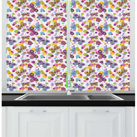 Ambesonne Butterfly Kitchen Curtains, Vibrant Flora Dots, 55"x39", Multicolor
