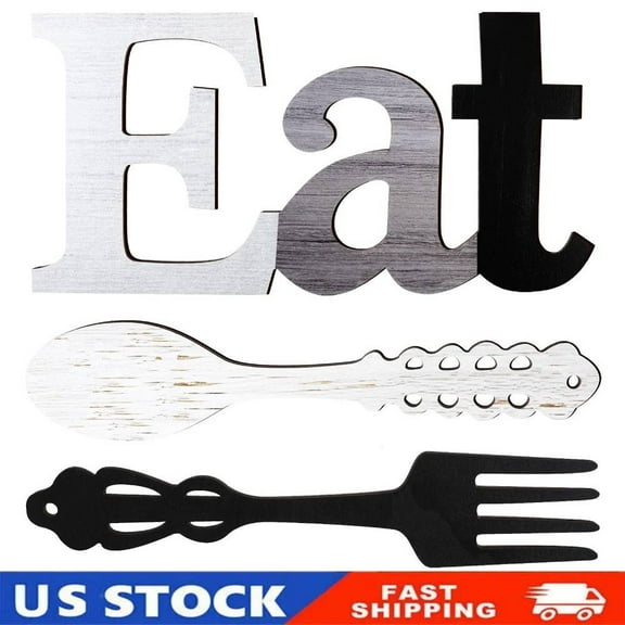 Set of Eat Sign, Fork and Spoon Wall Decor, Rustic Wood Hanging Art Decoration
