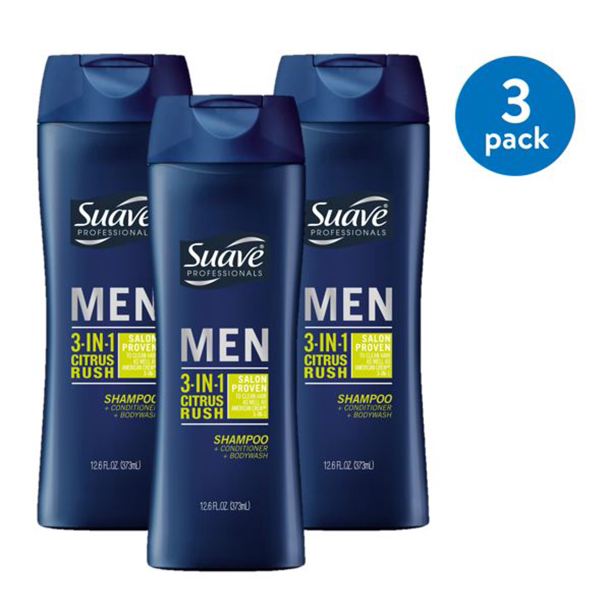 Suave Men Citrus Rush 3 in 1 Shampoo Conditioner Body Wash 12.6 oz (3 Pack)