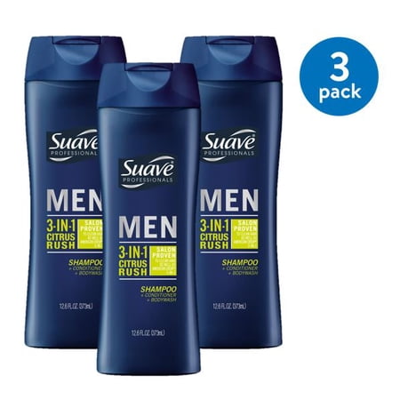 Suave Men Citrus Rush 3 in 1 Shampoo Conditioner Body Wash 12.6 oz (3 Pack)