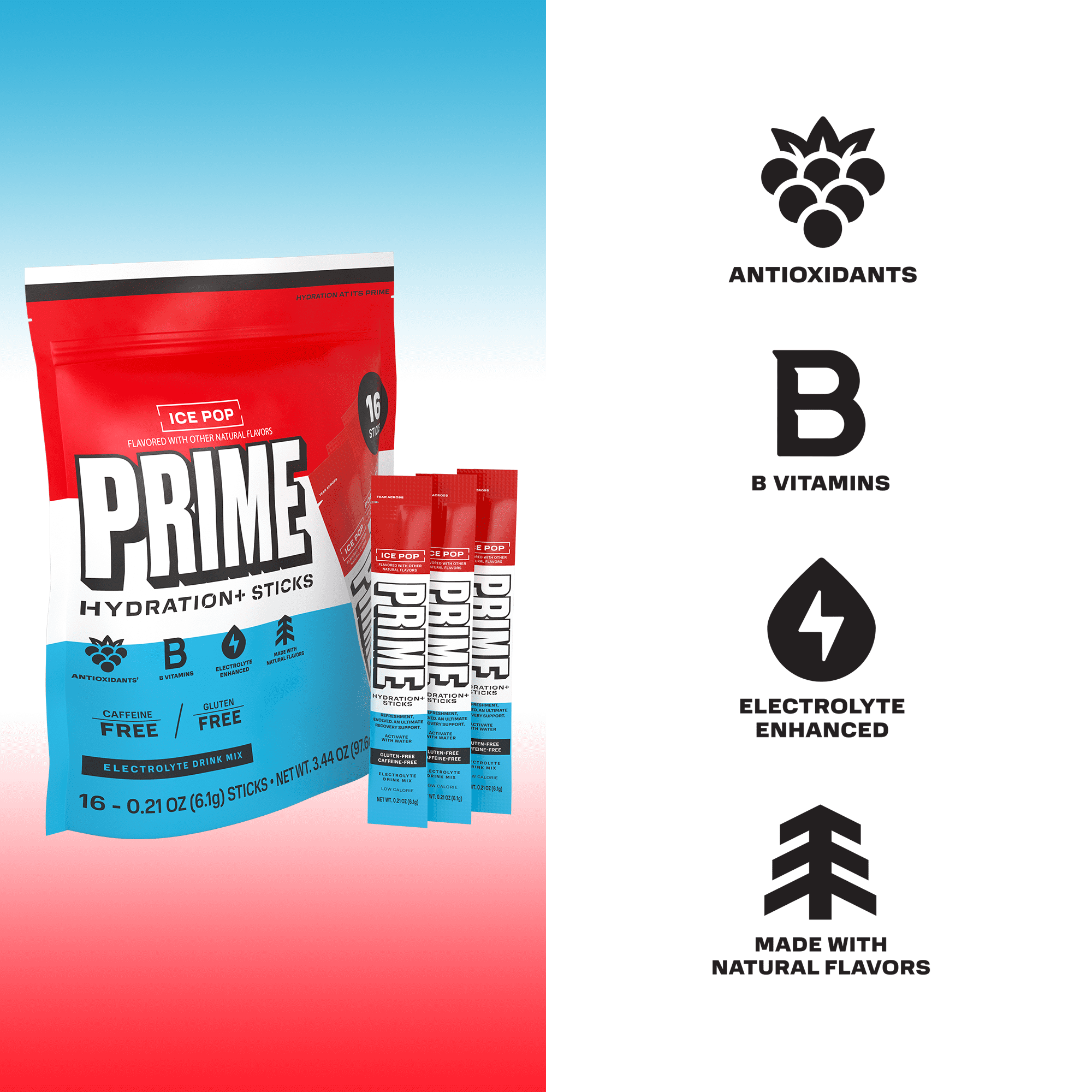 PRIME Hydration+ Ice Pop Electrolyte Powder Sticks, Sugar Free, 16 Count