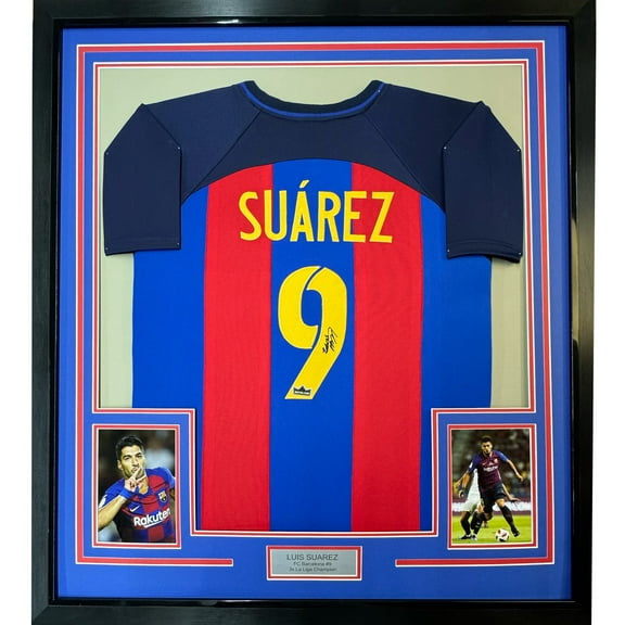 Framed Facsimile Autographed Luis Suarez 35x39 FC Barcelona Blue/Red Reprint Laser Auto Soccer Jersey
