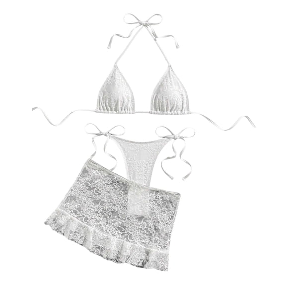 Hduncf 3PC Womens Swimsuit Lace Triangle Bikini Top String Bikini Set with Ruffles Cover Up Skirt White XL