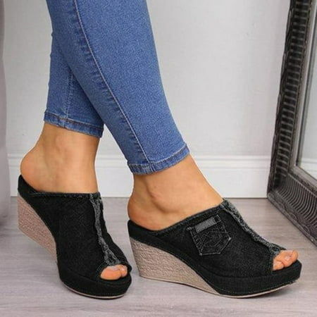 

Alexsix Denim Platform Wedges Women Espadrille Wedges Sandals with Knotty Bow Detail(Black 37)