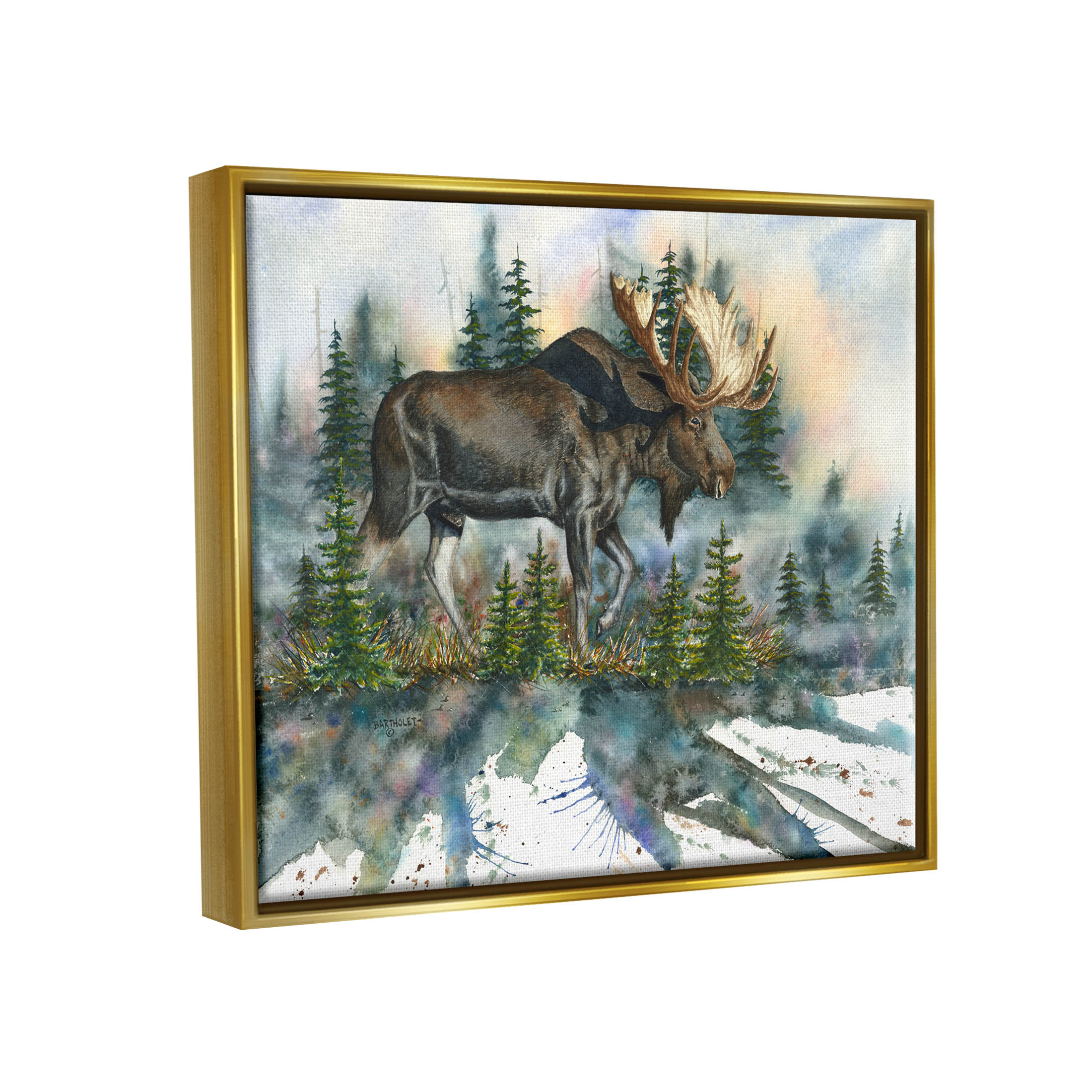 Wild Moose Forest Nature Scene Animals & Insects Graphic Art Metallic Gold Framed Art Print Wall Art