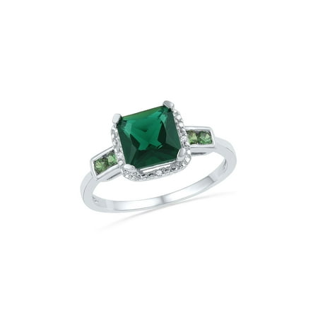Sterling Silver Womens Princess Lab-Created Emerald Solitaire  Diamond-accent Ring 2-1/5 Cttw