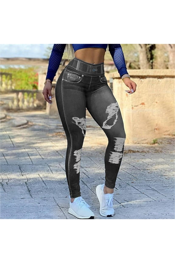 Women's Imitation Denim Yoga Leggings Oversized Fit Elastic Waist Butt Lifting Full Length Pants Sexy Comfy Lightweight Sweatpants Gray M