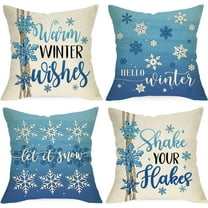 Hello Winter Snowflake Decorative Throw Pillow Covers 18x18 Set of 4, Warm Winter Wishes Shake Your Hakes Blue Cushion Case Decor, Let It Snow Christmas Holiday Seasonal Home Decoration PC
