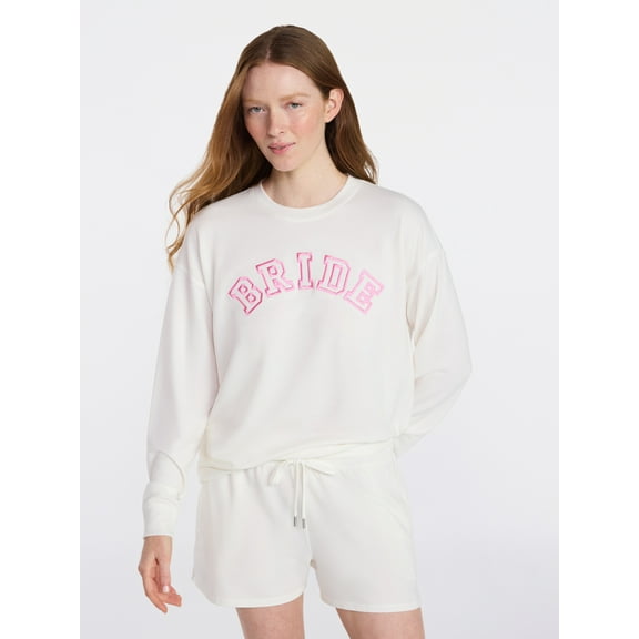 Joyspun Women's Bridal French Terry Knit Long Sleeve Top and Shorts Pajamas Set, Sizes XS-3X