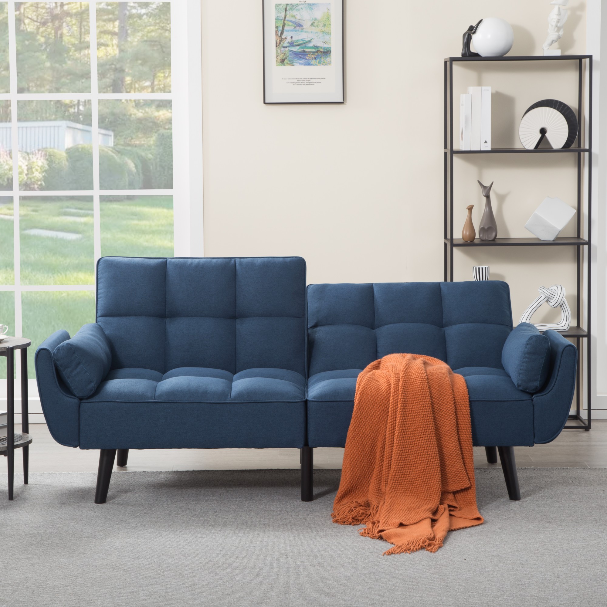 BSHTI 75.2" Linen Convertible Futon Sofa Bed with Split Back & 3-Position Adjustment, Tufted Design, Flared Arms, for Living Room & Guest Room(Dark Blue)
