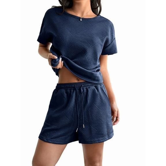 Womens Loungewear Set Short Sleeve Tops and Shorts 2 Piece Outfits Matching Lounge Pajama Set with Pockets Navy Blue XL