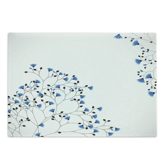 Vintage Blue Cutting Board, Illustration of Branched Blue Anemone Blanda Flowers and Tiny Leaves, Decorative Tempered Glass Cutting and Serving Board, Large Size, Blue Black and White, by Ambesonne