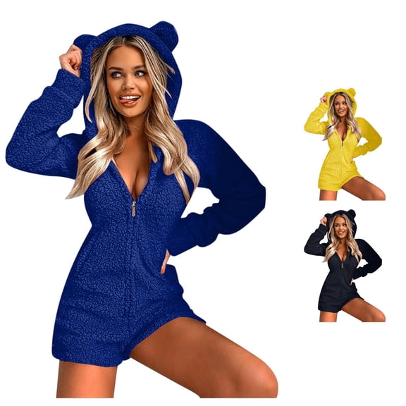 XIAOCHA Bear Ear Hooded Onesie for Women Zip Up Fuzzy Short Sleep Jumpsuit