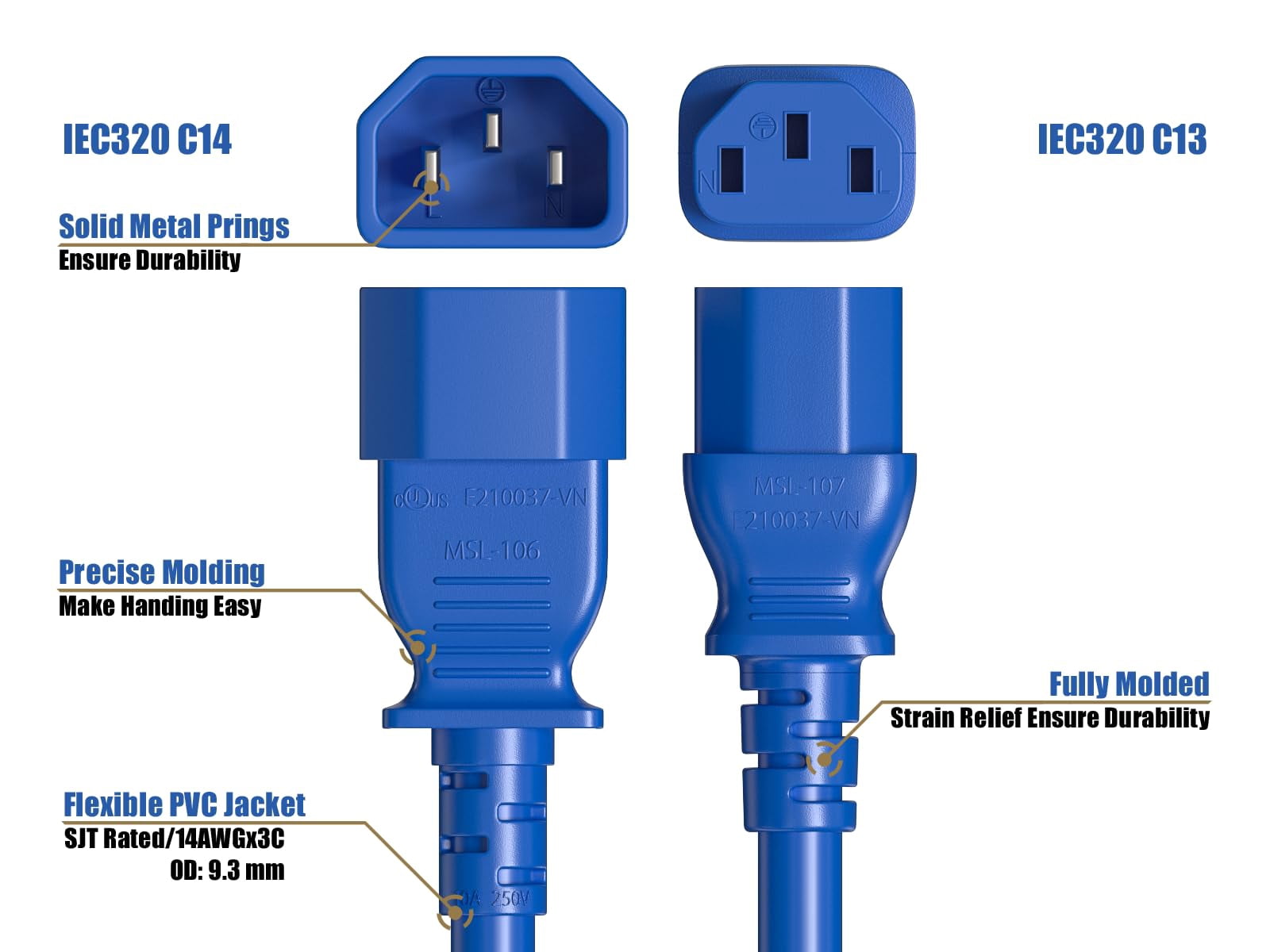 Cable Leader 3ft 14 AWG Computer Power Extension Cord IEC320 C13 to IEC320 C14, Blue