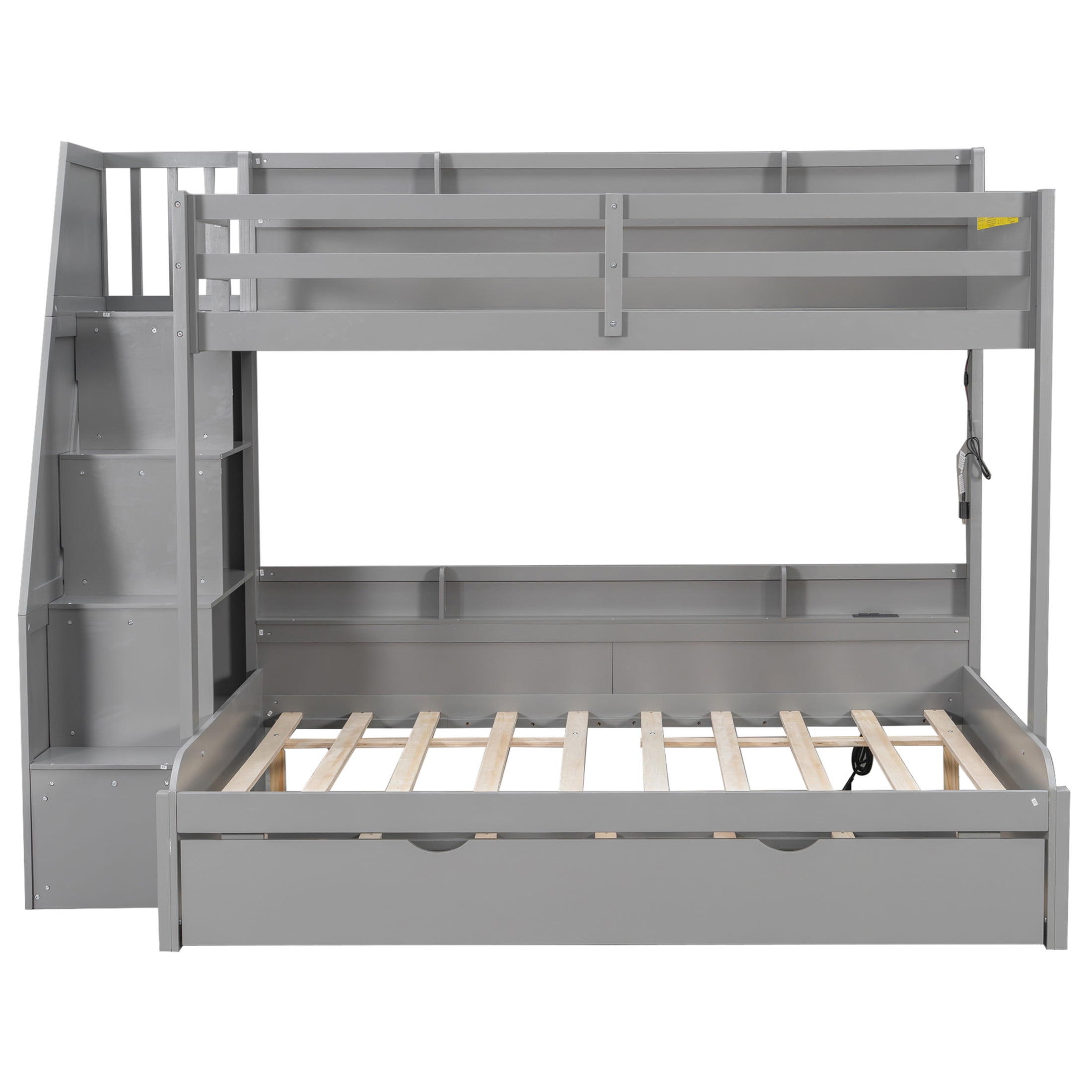 Noble House Aldorin Twin over Full Bunk Bed with Storage Staircase and Trundle, LED Light and Charging Ports, Gray