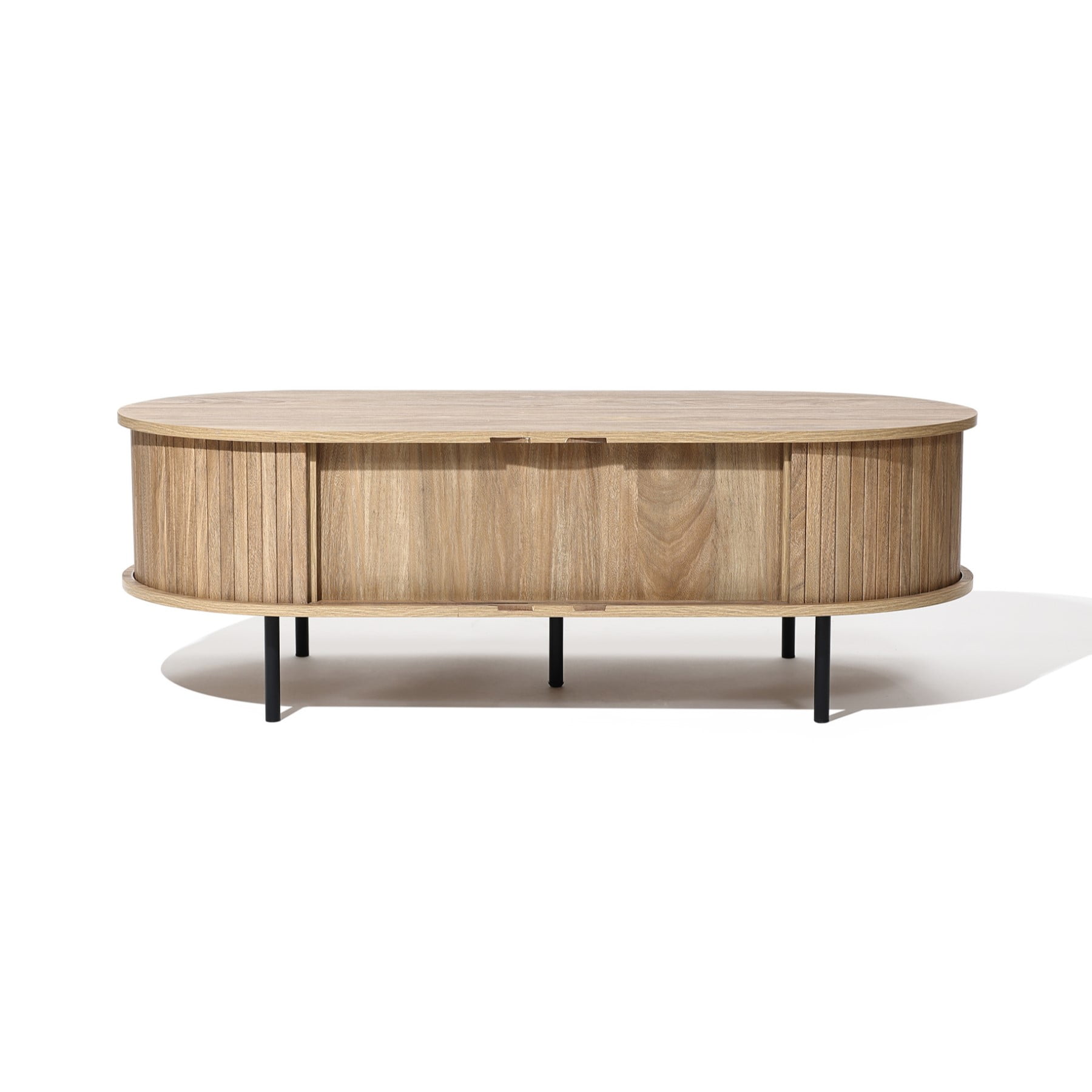 LuxenHome Oval Coffee Table with Storage, 47" Mid Century Modern Fluted Coffee Tables for Living Room, Wooden Sliding Door Boho Storage Center Table for Home, Office