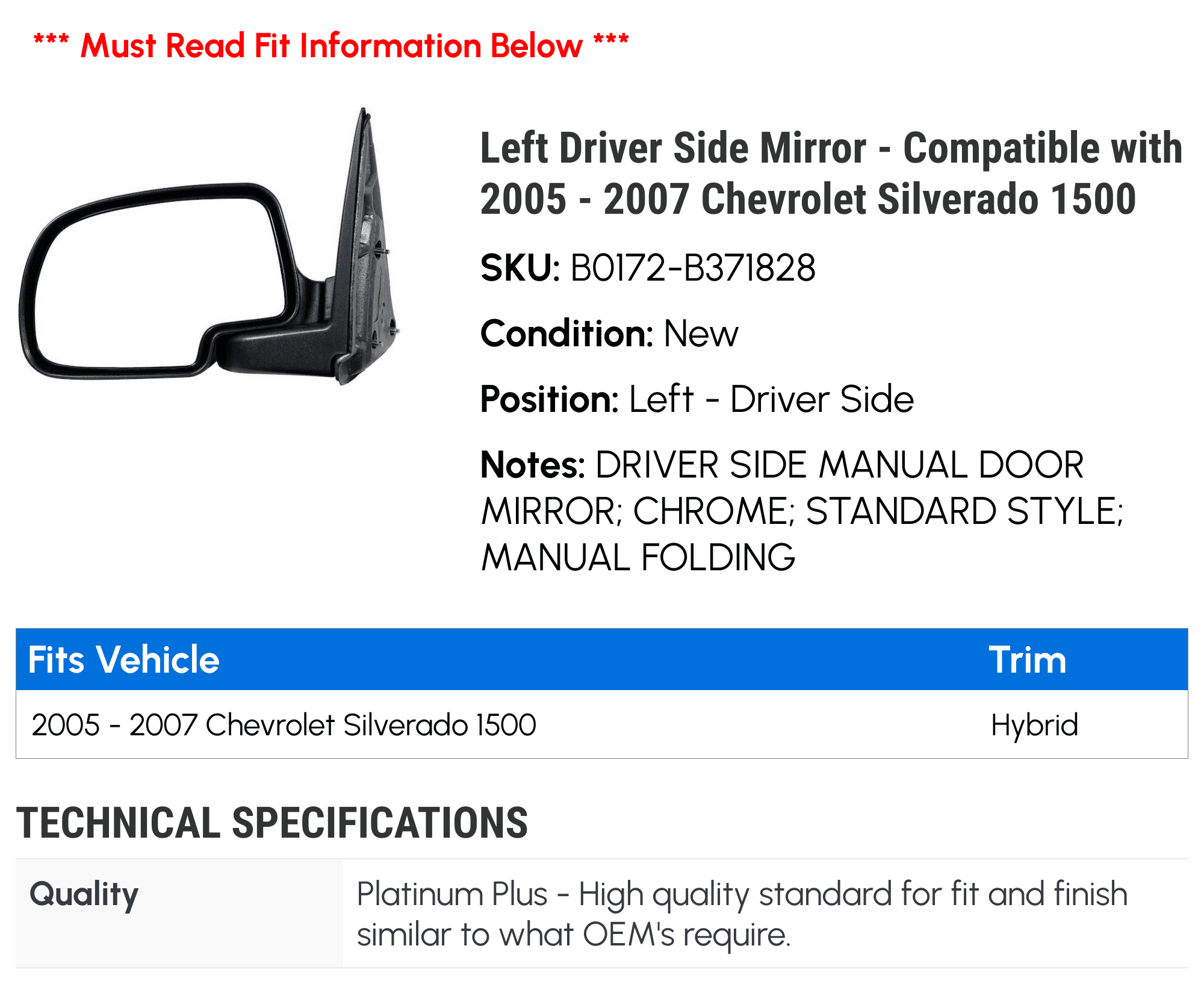 Left Driver Side Mirror - Compatible with 2005 - 2007 Chevy Silverado 1500 2006