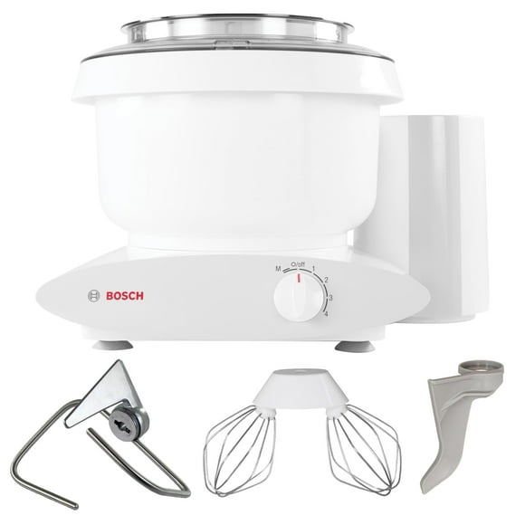 Bosch Universal Plus - Mezclador de pie Eléctrico Agitador de 500 W, 6.5 cuartos con látigos de alambre, gancho para masa y paquete extensor de gancho para masa NutriMill