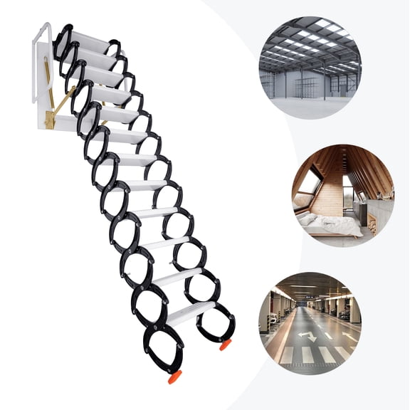 Wall Mounted Folding Ladder 12-Step Loft Stairs Attic Pull Down Home Al-Mg alloy