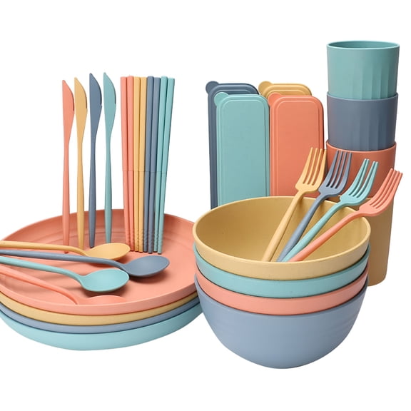 ACDANC Straw Dinnerware Sets For 4 (32pcs),Microwave Dishwasher Safe Tableware Lightweight Bowls,Cups,Plates Set Reusable Dinner For Man And Woman
