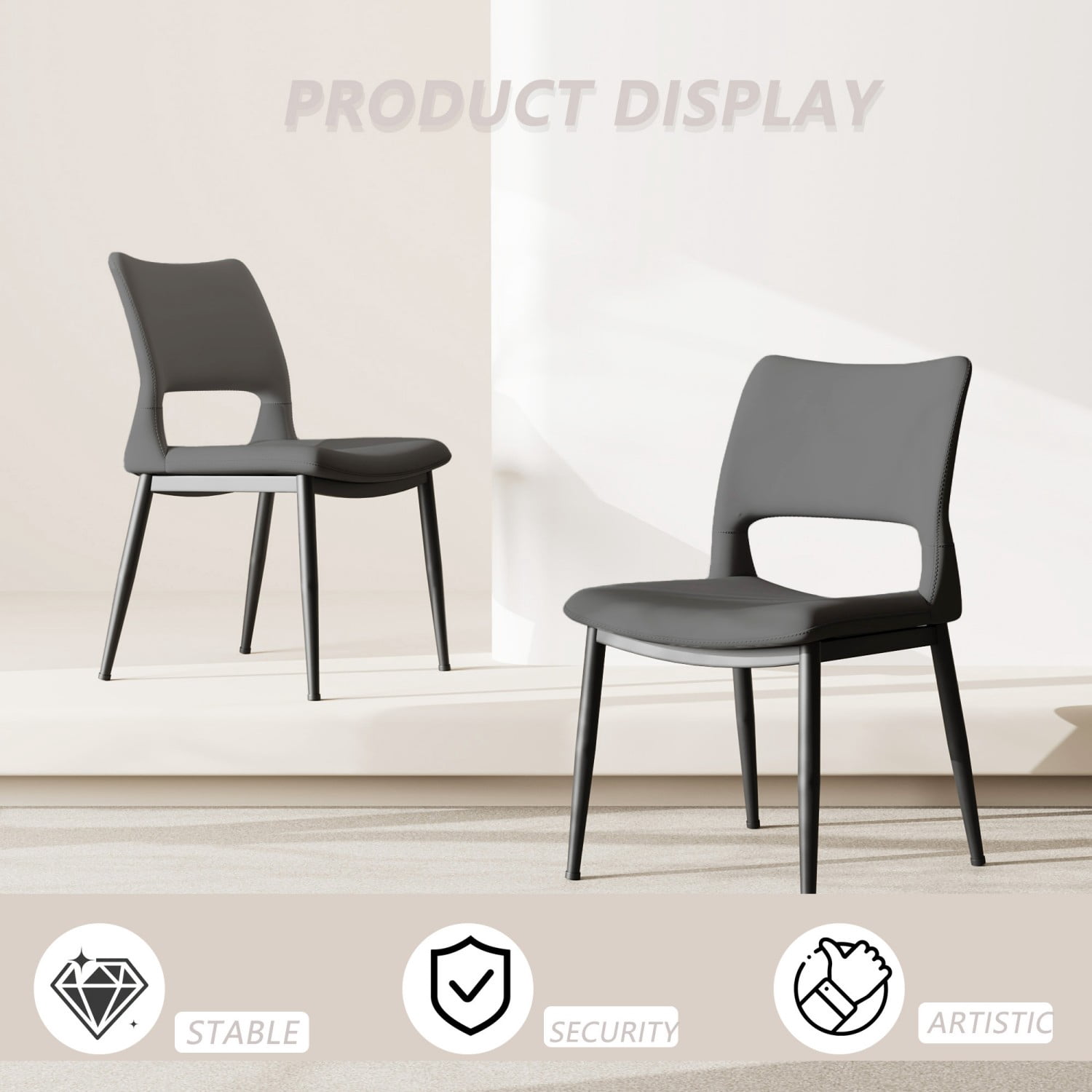 Modern Minimalist Grey PU Leather Dining Chairs Set of 2 Upholstered Kitchen Chairs with Metal Legs Ergonomic Backrest for Dining Room Restaurant Office