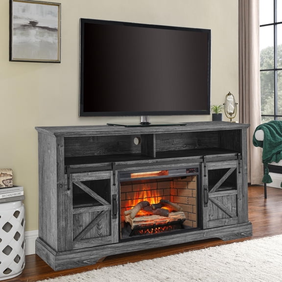 HICOMILA 60" Farmhouse Electric Fireplace TV Stand for TVs up to 70", Rustic Entertainment Center with Adjustable Flame & Storage Cabinets, Remote Control, Dark Rustic Oak