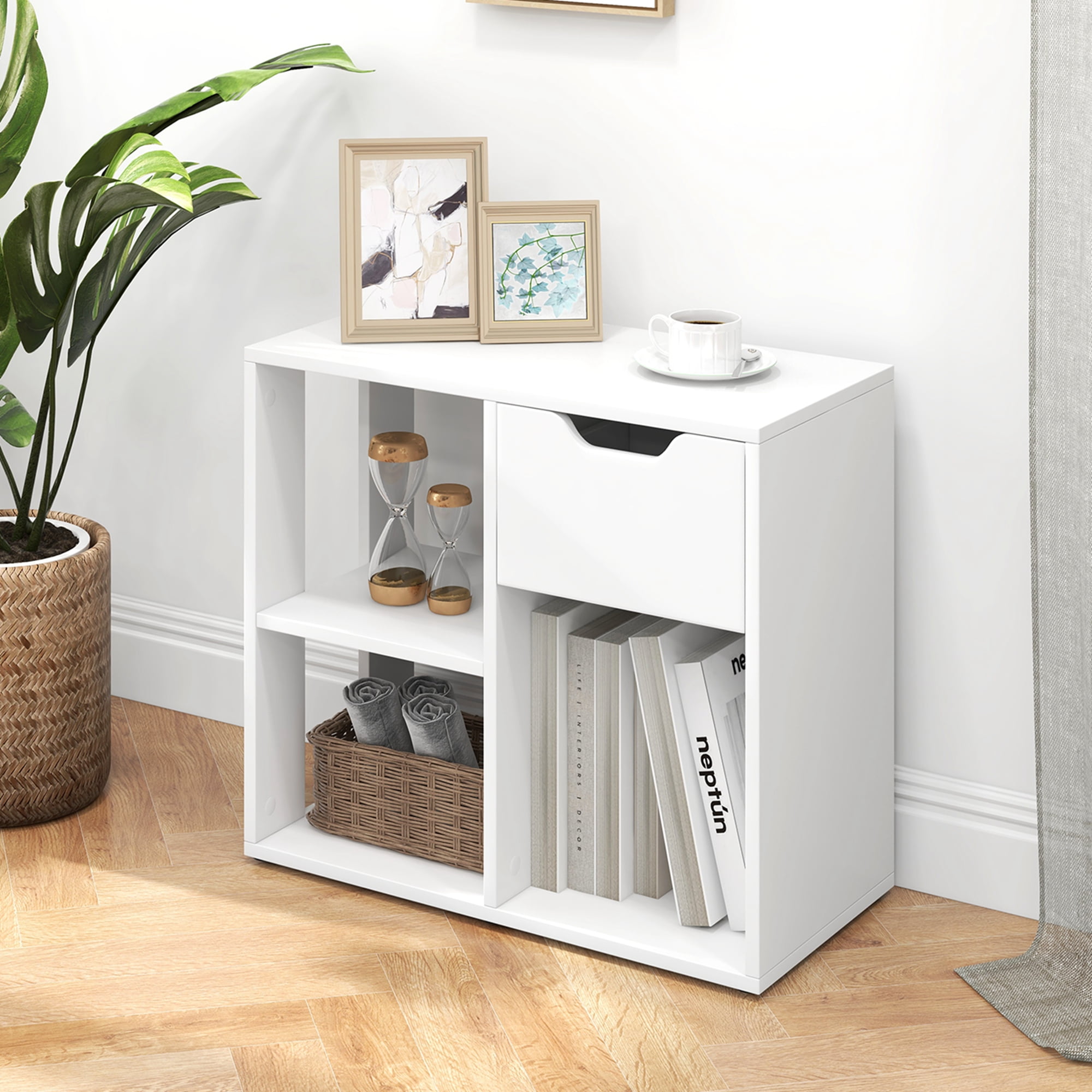 Costway 3-Cube Bookcase Organizer with 2-tier Wooden Storage Shelf & Pull-out Drawer